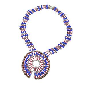 VTG Handmade Native Squash Blossom Crescent Moon‎ Necklace Blue Red Safety Pins